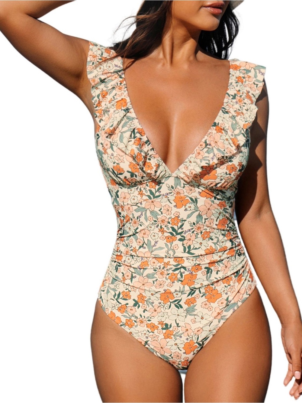 Cupshe Peach Floral Ruffle V‑Neck One‑Piece Swimsuit